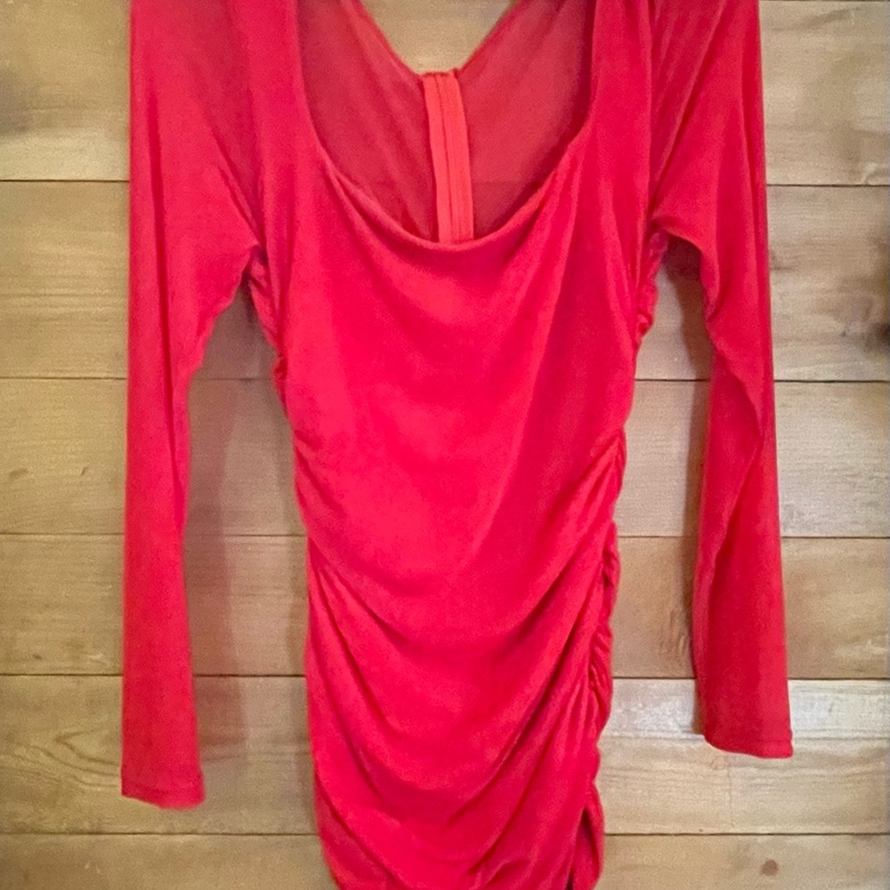 Red Long Sleeve Ruched Dress
